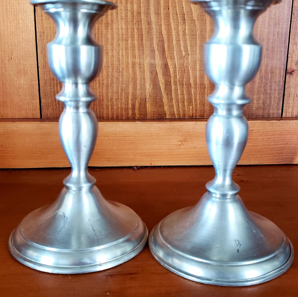 Vintage pair of Leonard weighted Pewter taper candlestick holders.